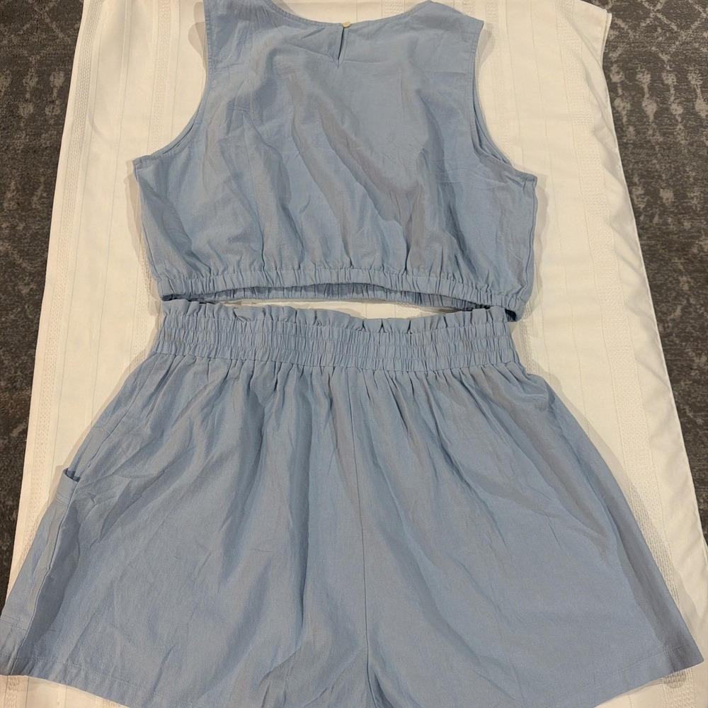 Eurivicy Women Light Blue Linen Two Piece Set Crop Top and Shorts XXL - Picture 5 of 6
